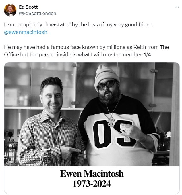 His friend Ed Scott confirmed the tragic news, writing: 'I am completely devastated by the loss of my very good friend Ewen MacIntosh.'