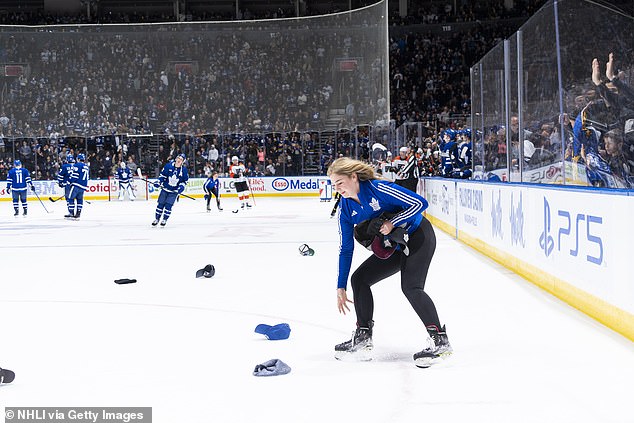 The Leafs staff cleared the caps after Matthews' natural hat trick in the second period on Thursday