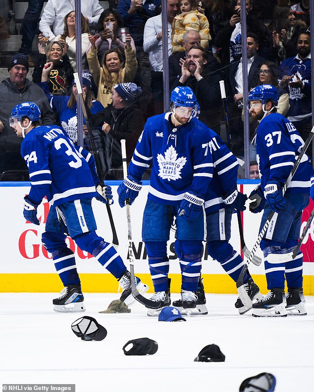 Auston Matthews (No. 34) and teammates leave the ice after his natural hat trick