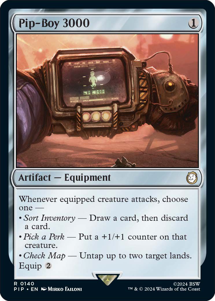 The Pip-Boy 3000 is an artifact with three powers, only one of which can be used at a time.  They include sorting the inventory (drawing a card), choosing a benefit (improving a creature), and controlling the card (clearing land and equipping it).