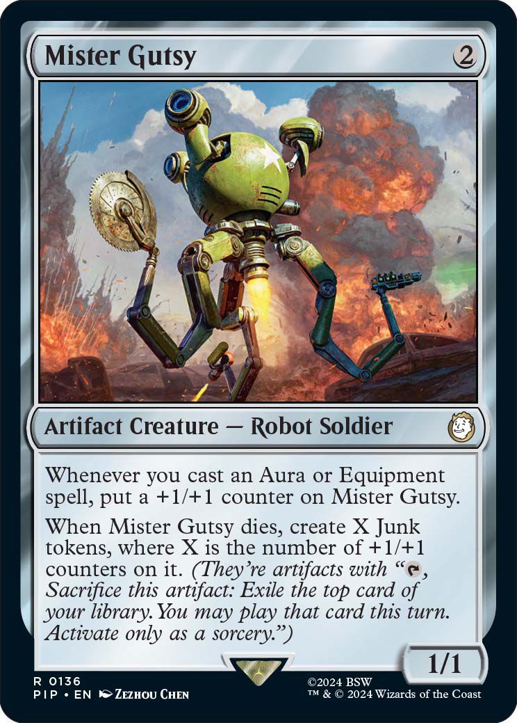 A Mister Gutsy military robot adorns the cover of the Mister Gutsy card.  Explosions occur in the background.