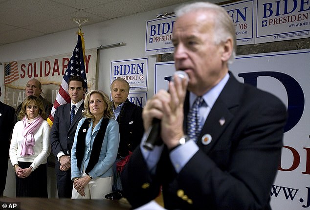 The Biden family joins Joe on stage in 2008, including his sister, Valerie Biden Owens, left, his son Hunter, his wife Jill and his brother Jim