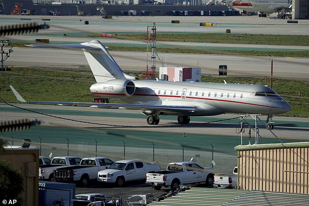 The tight end is believed to be on a private jet from Hawaii to Australia (pictured the plane Swift used to travel to the Super Bowl from Tokyo, Japan)