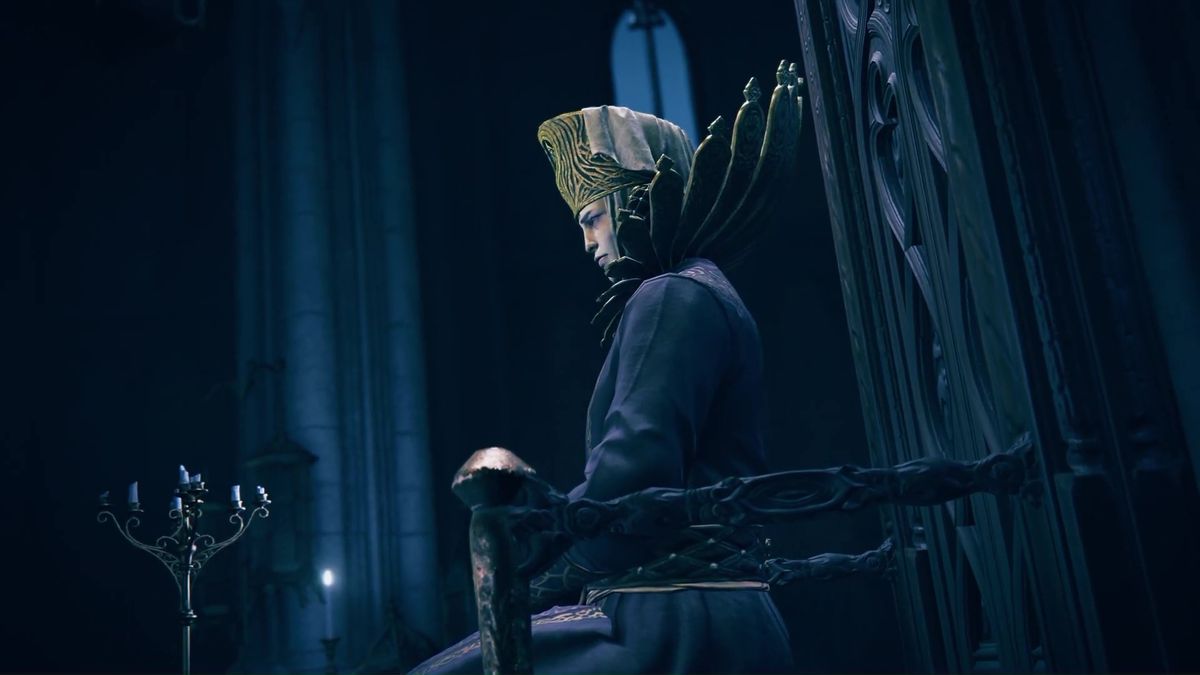 An image of a person sitting regally on a chair in the trailer for Elden Ring: Shadow of the Erdtree.  They wear an ornate headdress and look somewhat royal or formal.