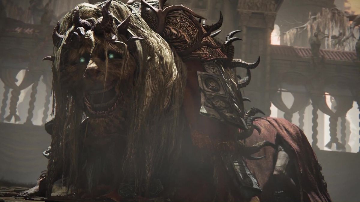 An image of a lion monster in the trailer for Elden Ring: Shadow of the Erdtree.  His eyes have a feint, a gray glow and his hair looks ragged.