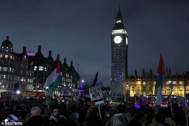 The comments came just days before Parliament voted on a motion calling for an immediate ceasefire in Gaza.  Pictured: a protest in Westminster Tongiht