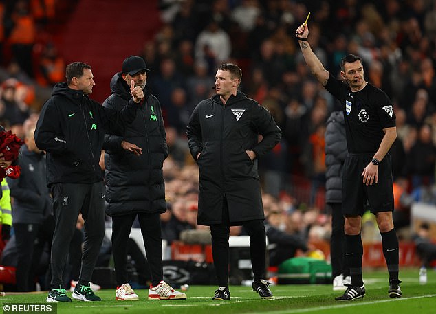 Liverpool goalkeeping coach John Achterberg was shown a yellow card for protesting against a decision in the match