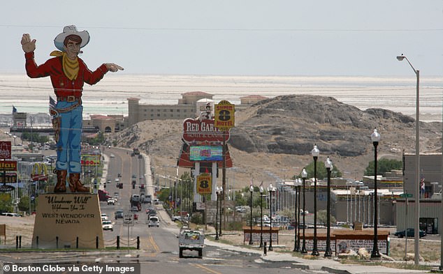 West Wendover, Nevada is seen looking over the Utah border.  The city is the closest place to Salt Lake City where you can enjoy casinos, legal recreational weed, and looser liquor laws