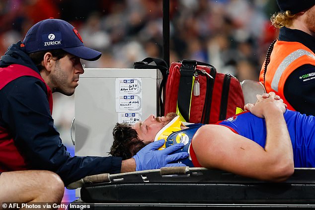 The star is pictured being carted off in last year's finals series after being eliminated by Collingwood's Brayden Maynard.  The hit proved to be the last straw for Brayshaw's career