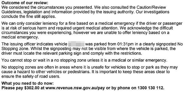 Her $302 fine was reviewed and it was said that her painful pregnancy symptoms did not qualify as a medical emergency.  The mother from Sydney wants pregnancies to be taken into account, because 'wild' things can happen to women