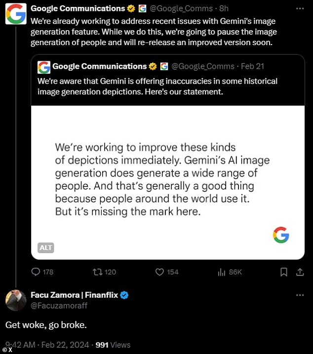 In response to Google's announcement that it would be pausing Gemini's image generation features, some users posted 