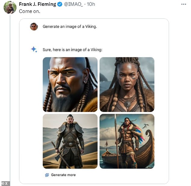 X user Frank J. Fleming repeatedly asked Gemini to generate images of people from white-skinned groups in history, including Vikings.  Gemini gave results of dark-skinned Vikings, including one woman.