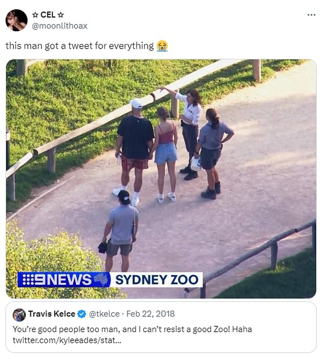 Swift's legion of die-hard fans found the post after the couple was spotted at a zoo in Australia - before realizing Kelce wrote it on the exact same day