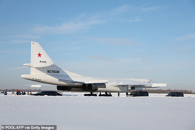 The strategic bomber Tupolev Tu-160M ​​​​Ilya Muromets is seen on the snow-covered tarmac in Kazan