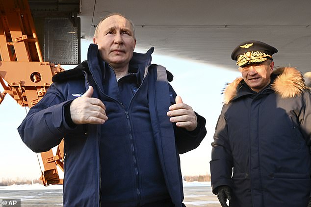 Vladimir Putin speaks after flying a modernized nuclear-capable Tu-160M ​​strategic bomber in Kazan, Russia