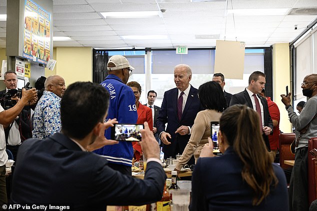 Biden made an unannounced stop at CJ's Cafe in Baldwin Hills on Wednesday before continuing to Culver City for his speech at the library