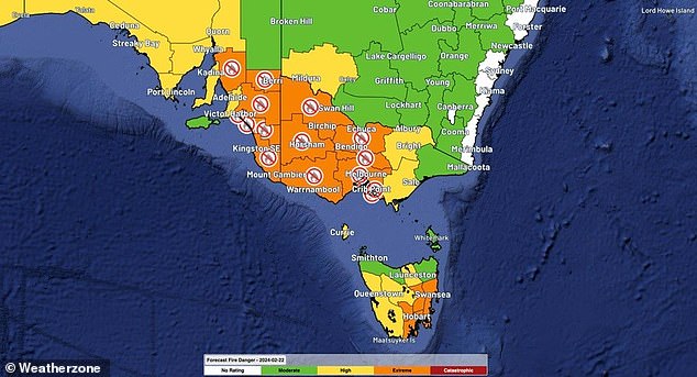 Forecasted fire danger assessments and total fire bans on Thursday