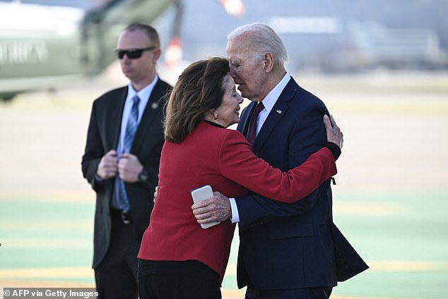 He arrived in San Francisco on Wednesday afternoon, where he was greeted by former House Speaker Nancy Pelosi.  They traveled to a campaign reception together on Marine One