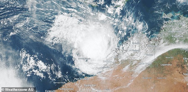 The ex-tropical cyclone (pictured) is expected to devastate the western Pilbara coast and northern Gascoyne coast before rapidly weakening on Sunday