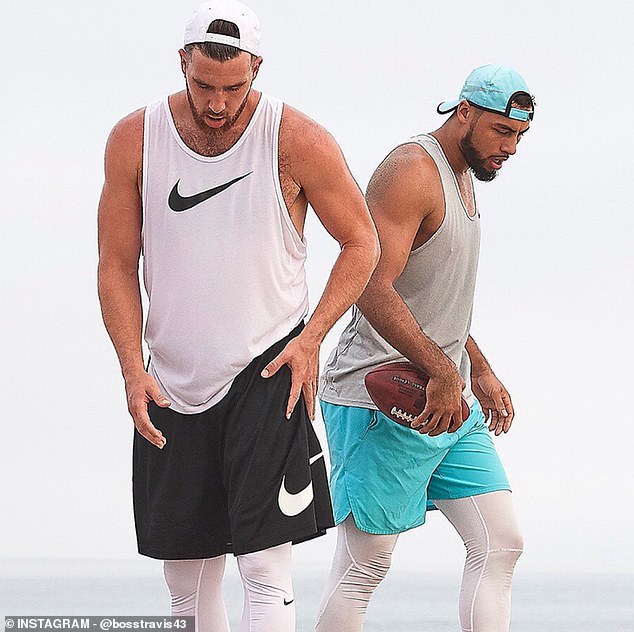 The American football star, 31, has joined Travis (both pictured), 34, Down Under as his pal has joined his girlfriend Taylor in the country on her Australian Eras tour