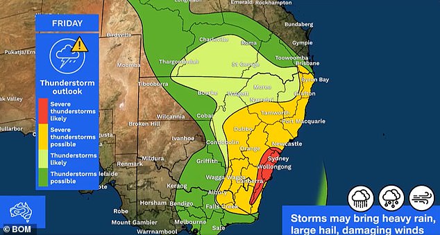 The Bureau of Meteorology issued a severe weather warning for damaging winds, heavy rain and 'gigantic' hail for Sydney and the surrounding area at 1.57pm on Friday (pictured)