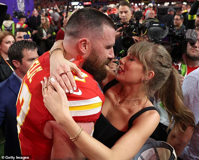 Travis is expected to attend Taylor's Eras tour shows in Sydney this weekend after arriving Down Under (the couple are pictured at the Super Bowl)