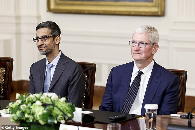 Google CEO Sundar Pichai (L) and Apple CEO Tim Cook (R) meet Biden in 2023. Ninety percent of Google employees' political donations went to Biden last year