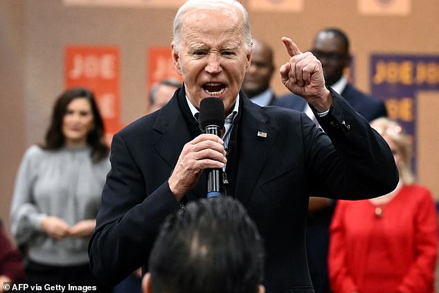 Joe Biden speaks during a visit to a United Auto Workers (UAW) phone bank in the Detroit, Michigan metropolitan area on February 1, 2024