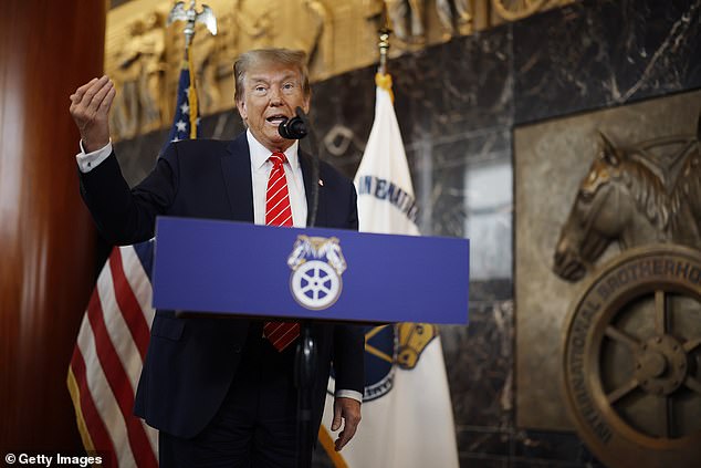 Trump talks to reporters at the headquarters of the International Brotherhood of Teamsters on January 31, 2024 in Washington, DC after meeting with union boss Sean O'Brien