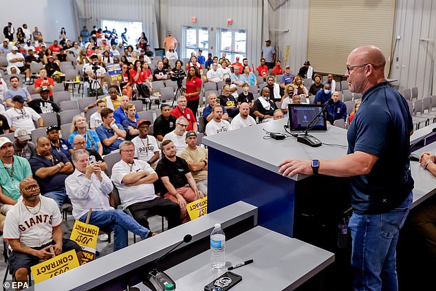 Sean O'Brien, general president of the International Brotherhood of Teamsters, addresses union members during a rally in Atlanta in July 2023