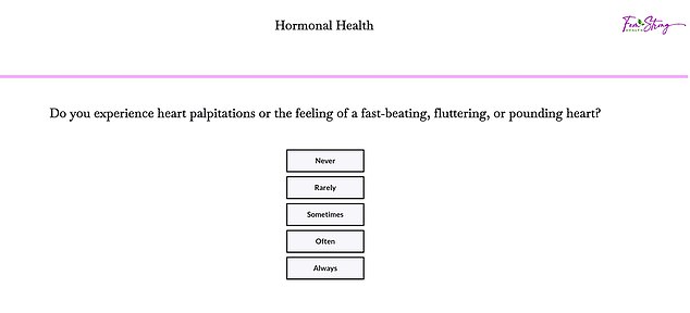 The quiz first asks how often a woman experiences palpitations or the feeling of a rapidly beating, fluttering or pounding heart