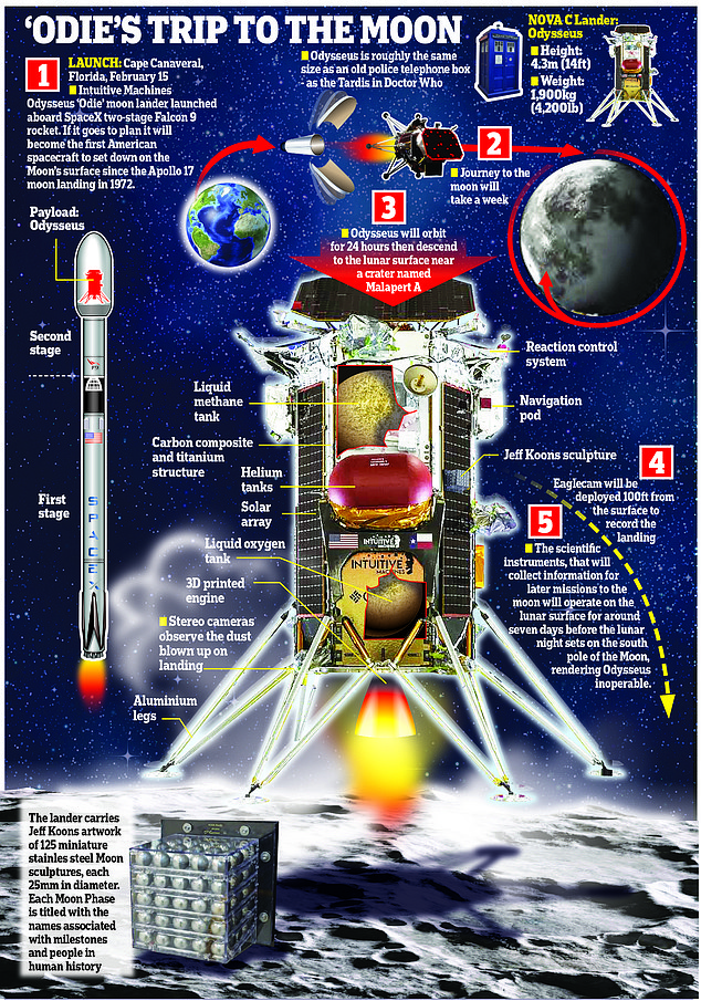 Odysseus was partly funded by NASA, which paid to bring scientific equipment on board, but also carried a number of other objects, including 125 miniature sculptures by Jeff Koons.