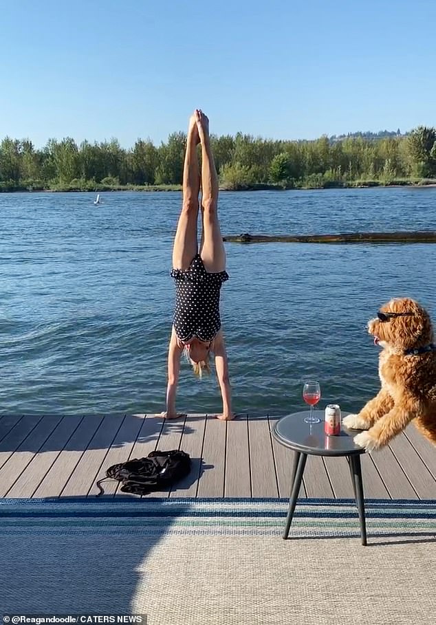 Reagan watched with stylish sunglasses and a glass of soda as Sandi completed a handstand