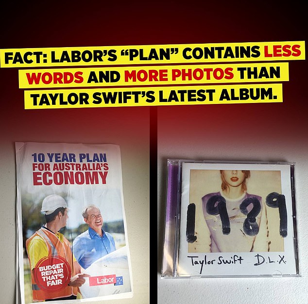 Swift's 2014 mega-hit Shake It Off appears to be a favorite of Mr Morrison and he referenced it when speaking to journalists in 2015.  He also used her 1989 album to attack Labour's economy the same year (pictured)