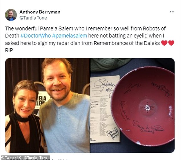 Superfan Anthony Berryman wrote: 'The wonderful Pamela Salem... didn't bat an eyelid here when I asked to sign my radar dish from Remembrance of the Daleks'