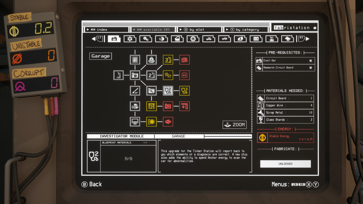 Pacific Drive researcher module in the manufacturing station interface