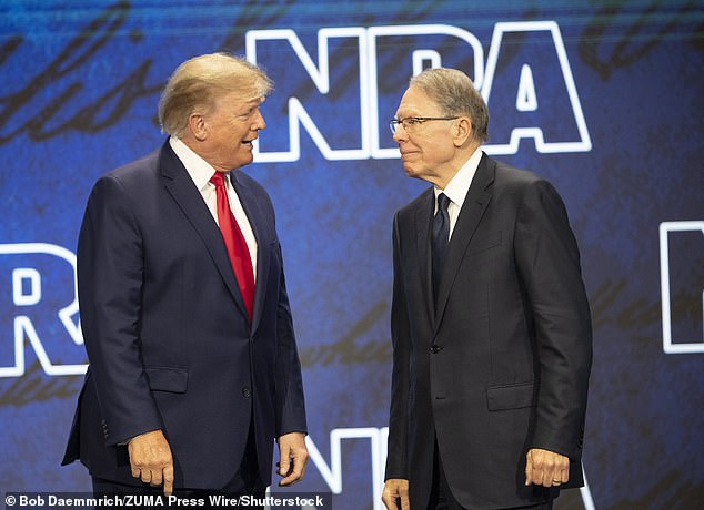 LaPierre, pictured at a 2022 NRA meeting with Donald Trump, has been found liable for embezzling millions of dollars to pay for his lavish lifestyle