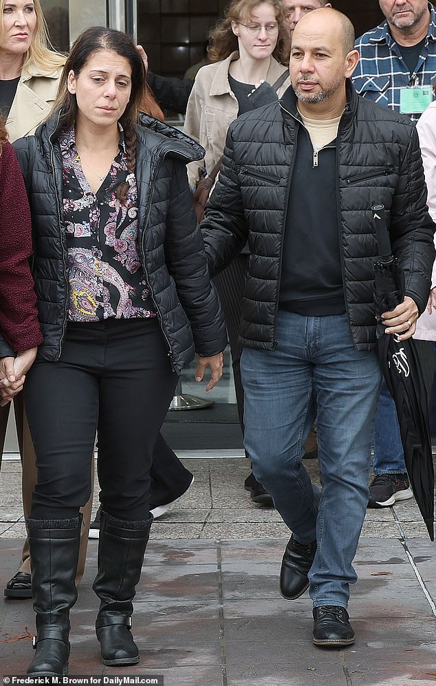 Nancy Iskander was crossing the road with the brothers and her youngest son Zachary, 5, when they were hit.  Nancy and her husband Karim leave the court on February 6