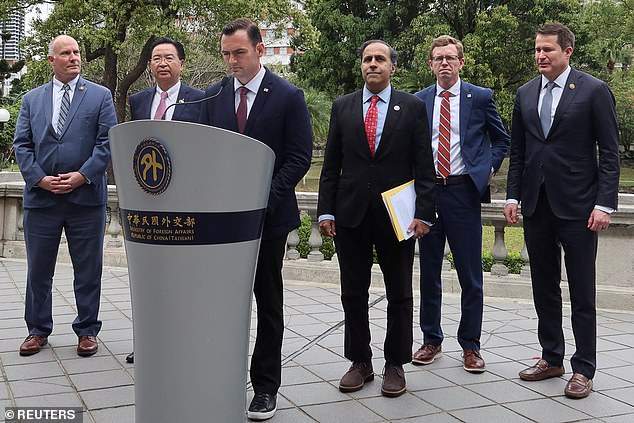 U.S. Rep. Mike Gallagher (R-WI) attends a press conference with Taiwanese Secretary of State Joseph Wu, U.S. Rep. Raja Krishnamoorthi (D-IL), U.S. Rep. John Moolenaar (R-MI), Rep. Dusty Johnson ( R-SD), and Rep. Seth Moulton (D-MA) at Taipei Guest House in Taipei, Taiwan