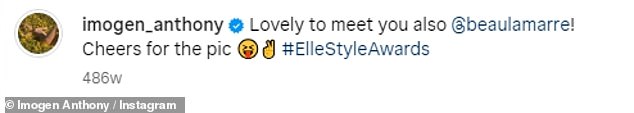 The original post, shared on October 25, 2014, still remains on her Instagram grid, alongside the caption: 'Nice to meet you too @beaulamarre!  Cheers for the photo #ElleStyleAwards'