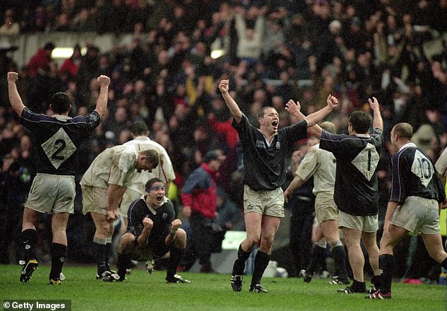 Scotland celebrate victory at the Six Nations Championship at Murrayfield in 2000