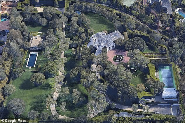 The lavish nine-acre estate in Beverly Hills can be seen from the air.  It was designed in the 1930s for media magnate Jack Warner