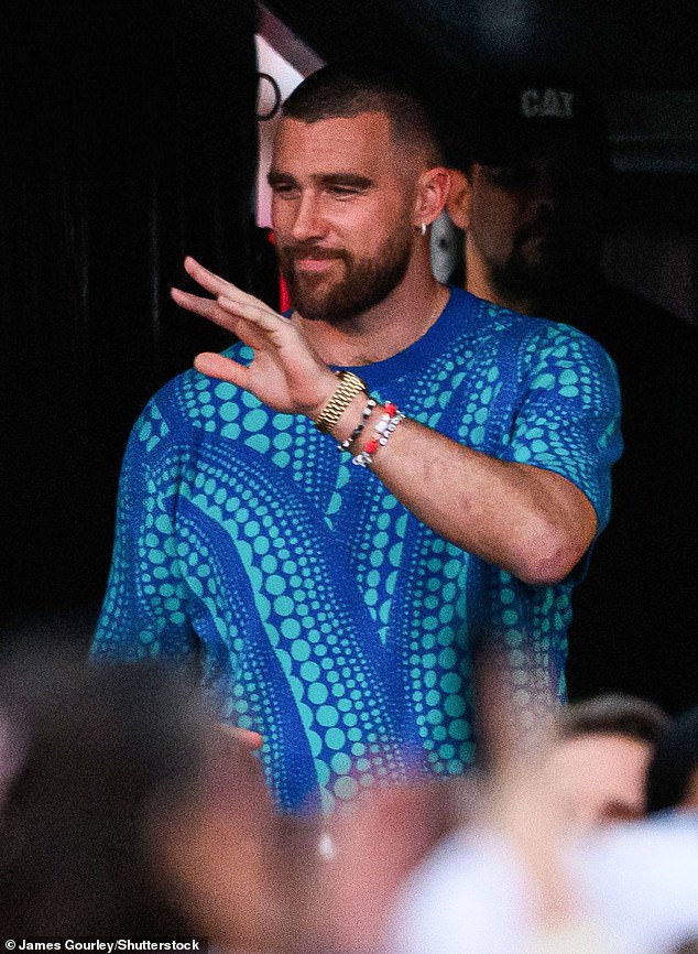 Travis Kelce has already left to fly back to Las Vegas to continue partying with his Kansas City Chiefs teammates.  He is pictured at Friday's concert