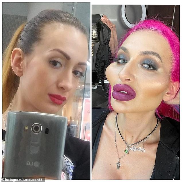 Before and after: The model looks almost unrecognizable, as she now likes to wear brighter hair and lip colors, and of course, sharp cheekbones