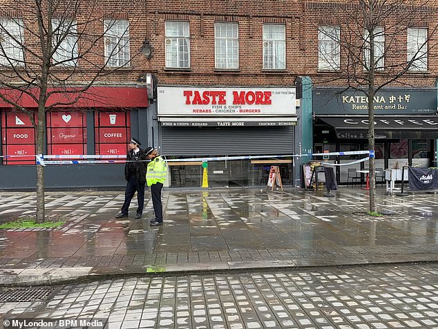 Following the shocking scuffle, two police officers were seen outside Taste More, which was also cordoned off