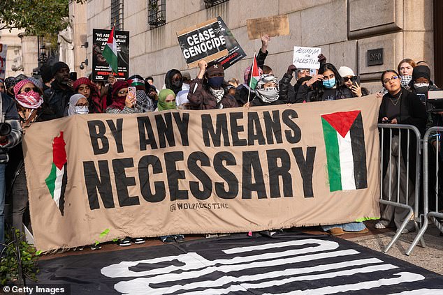 Students rallied in New York City in November in support of Palestine and freedom of speech outside the campus of Columbia University.  The university has suspended two student organizations, Students for Justice in Palestine and Jewish Voices for Peace, for violating university policy