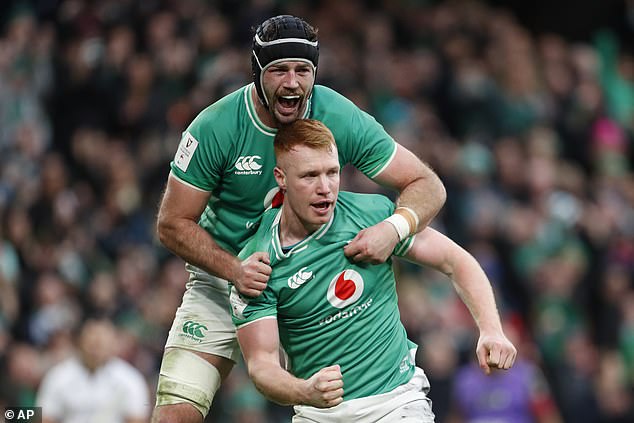 Ciaran Frawley (below) scored a try on his first start for Ireland as Wales were beaten for the third time in a row