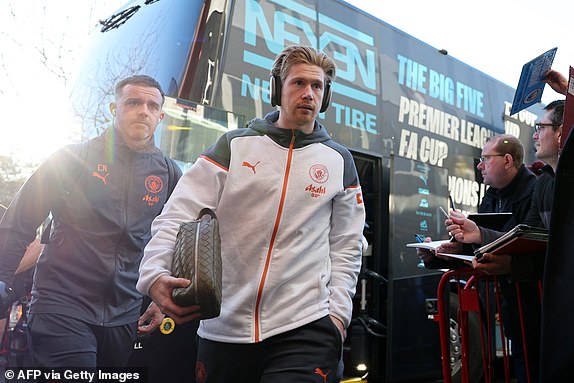 Manchester City's Belgian midfielder number 17 Kevin De Bruyne arrives for the English Premier League football match between Bournemouth and Manchester City at the Vitality Stadium in Bournemouth, southern England on February 24, 2024. (Photo by Adrian DENNIS / AFP) / LIMITED TO EDITORIAL USE .  No use of unauthorized audio, video, data, fixtures, club/league logos or 'live' services.  Online use during competitions limited to 120 images.  An additional 40 images can be used in the additional time.  No video emulation.  Use of social media during competitions is limited to 120 images.  An additional 40 images can be used in the additional time.  No use in betting, competition or individual club/competition/player publications.  / (Photo by ADRIAN DENNIS/AFP via Getty Images)