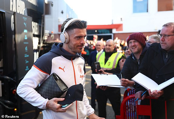 Football - Premier League - AFC Bournemouth v Manchester City - Vitality Stadium, Bournemouth, Great Britain - February 24, 2024 Manchester City's Jack Grealish arrives at the ground for the REUTERS/Peter Nicholls match NO USE WITH UNAUTHORIZED AUDIO, VIDEO, DATA, BRACELET LISTS , CLUB/LEAGUE LOGOS OR 'LIVE' SERVICES.  ONLINE USE IN THE CONTEST LIMITED TO 45 IMAGES, NO VIDEO EMULATION.  NO USE IN ANY BETTINGS, GAMES OR PUBLICATIONS FOR ANY CLUB/LEAGUE/PLAYER.