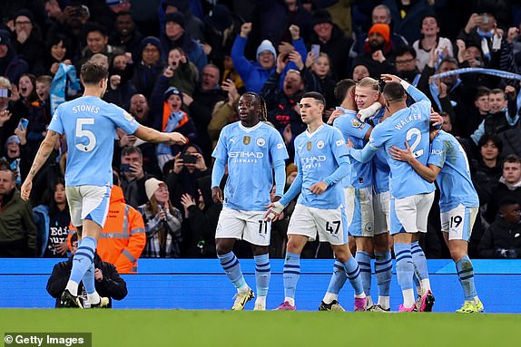 MANCHESTER, ENGLAND - FEBRUARY 20: Erling Haaland of Manchester City celebrates after scoring a goal to make it 1-0 during the Premier League match between Manchester City and Brentford FC at Etihad Stadium on February 20, 2024 in Manchester , England.  (Photo by Robbie Jay Barratt - AMA/Getty Images)